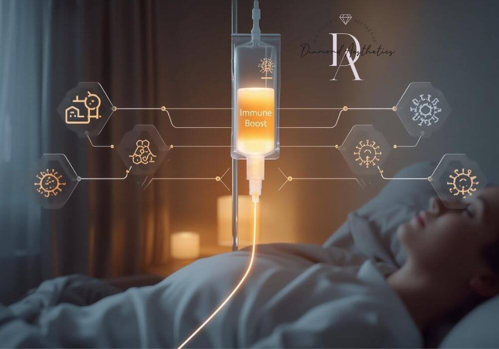Person receiving Immune Boost IV therapy at home with nutrients flowing into the bloodstream, highlighting immunity, energy, antioxidants, and stress relief.
