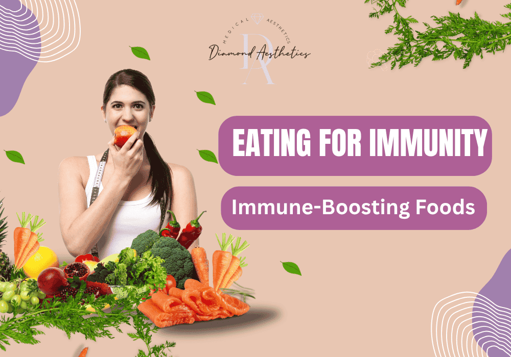 Woman eating fresh vegetables surrounded by immune-boosting foods such as carrots, broccoli, and oranges for better immunity.