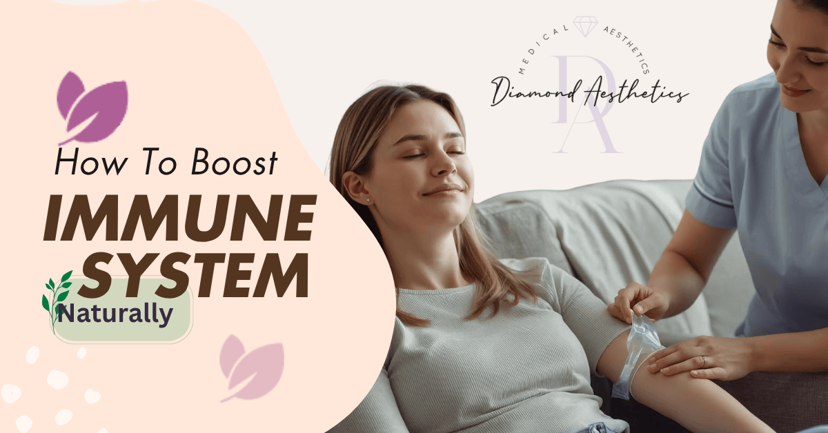 A woman receiving home IV therapy from a nurse in Brampton while smiling and relaxing, representing natural immune system support and wellness care by Diamond Aesthetics.