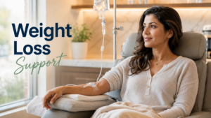 A woman receiving IV wellness therapy for weight loss support at a modern medical clinic in Brampton Ontario