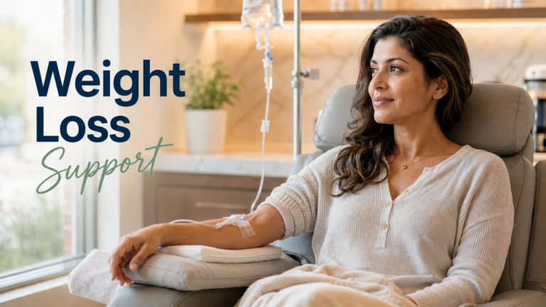 A woman receiving IV wellness therapy for weight loss support at a modern medical clinic in Brampton Ontario