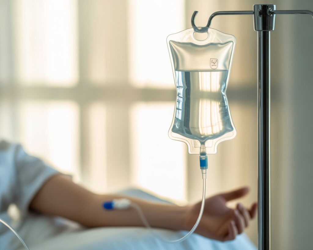 Close-up of an IV drip bag during a hydration therapy session at a Brampton medical wellness clinic for weight loss support
