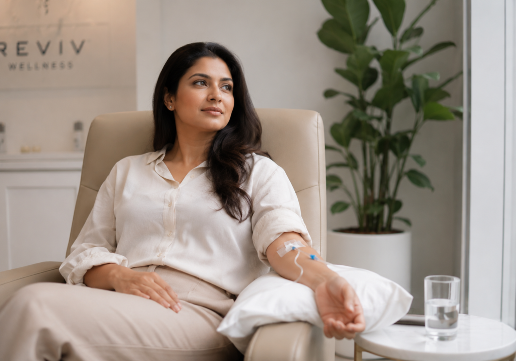Client receiving Myers Cocktail IV vitamin infusion at a wellness clinic in Brampton Ontario
