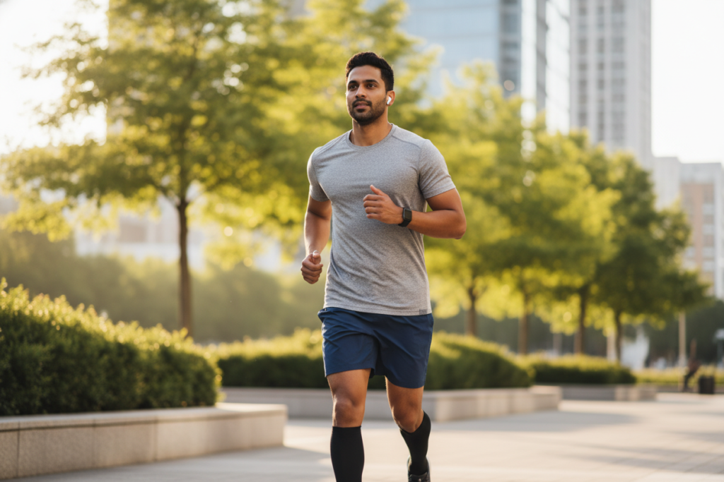 Energized man jogging outdoors after Myers Cocktail IV fatigue recovery therapy at Diamond Aesthetics Brampton Ontario