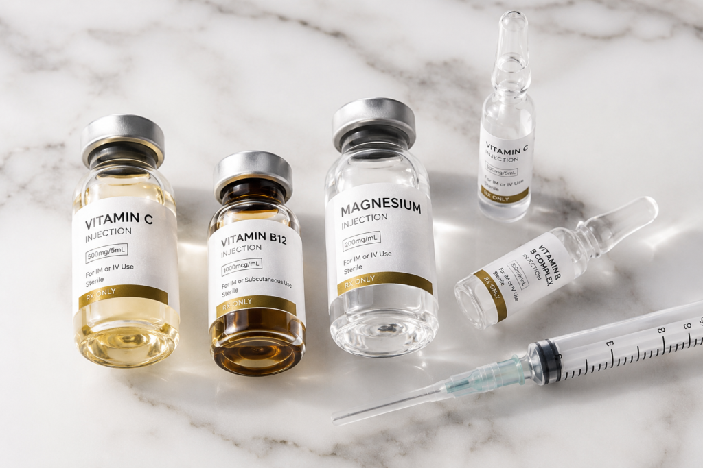 
Vitamin vials used in Myers Cocktail IV therapy including magnesium B12 and Vitamin C at Diamond Aesthetics Brampton