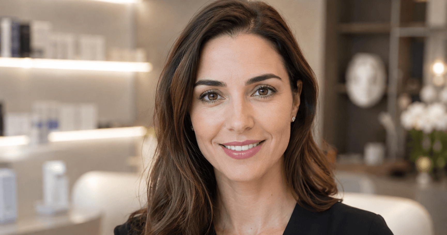 A refreshed woman with smooth under-eye skin after professional eye rejuvenation treatment in Brampton, Ontario.